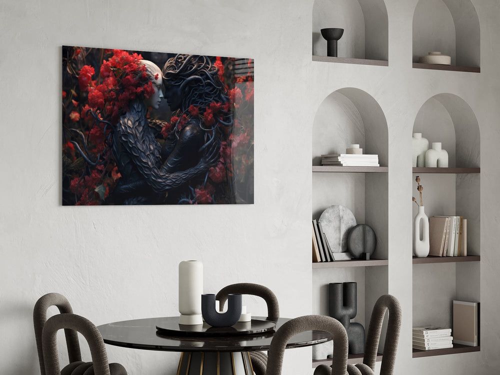 Sea-creature lovers cinematic glass wall art over modern dining sideboard