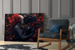 Dark-fantasy embrace cinematic glass wall art in private library reading nook