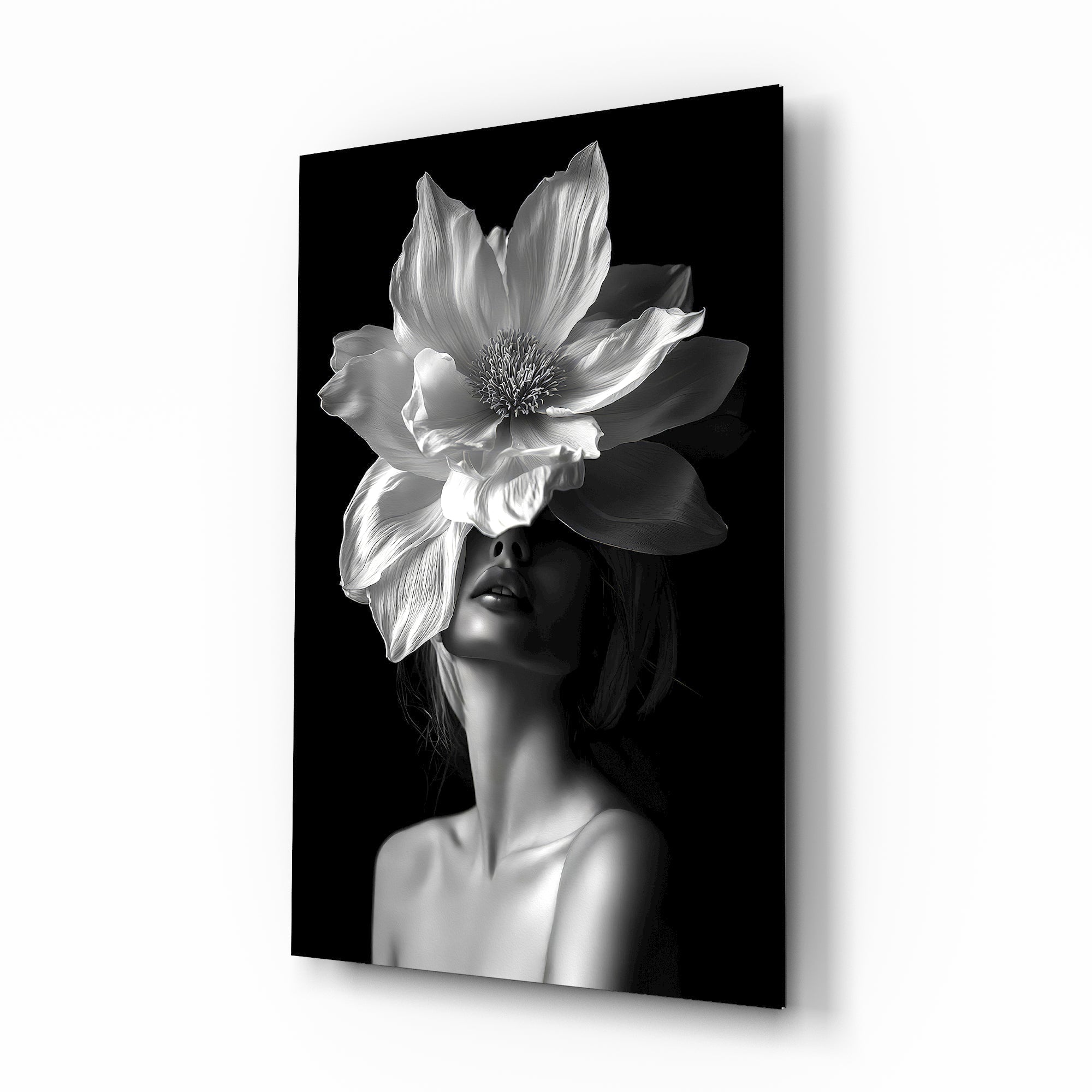 Anemone headdress muse cinematic glass wall art over walnut console in designer fashion atelier