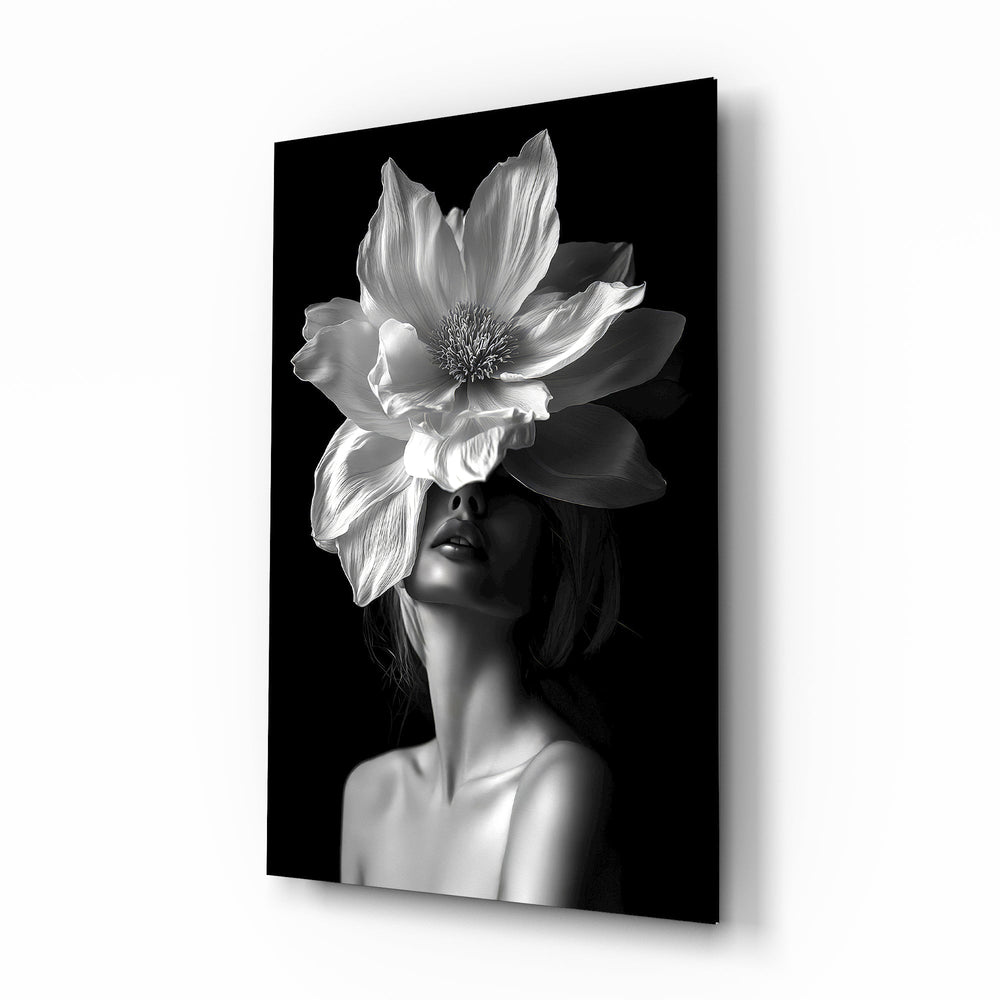 Anemone headdress muse cinematic glass wall art over walnut console in designer fashion atelier