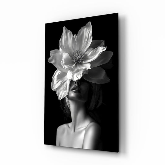 Anemone headdress muse cinematic glass wall art over walnut console in designer fashion atelier