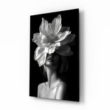 Anemone headdress muse cinematic glass wall art over walnut console in designer fashion atelier