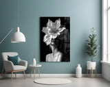 Floral-portrait cinematic glass wall art in boutique-hotel suite