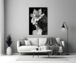 Helmut-Newton style cinematic glass wall art in heritage stairwell