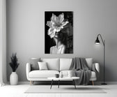 Helmut-Newton style cinematic glass wall art in heritage stairwell