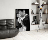 B&W flower-mask cinematic glass wall art over modern dining sideboard