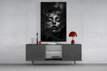 Funeral-solemnity cinematic glass wall art in masculine-luxe study