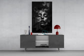 Funeral-solemnity cinematic glass wall art in masculine-luxe study