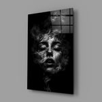 Dark Symbolist phantom cinematic glass wall art in feminine-luxe boudoir