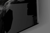Smoke-face muse cinematic glass wall art in creative studio