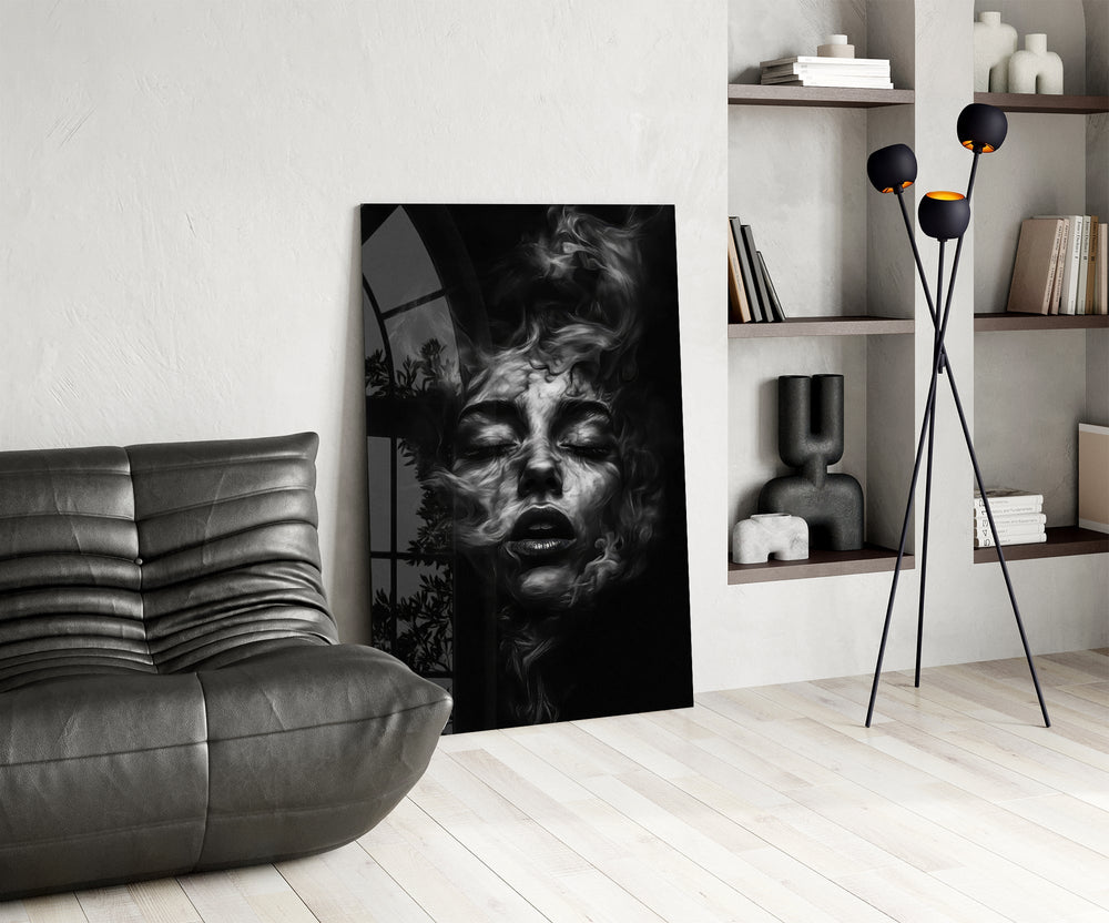 Brooding muse cinematic glass wall art over modern dining sideboard