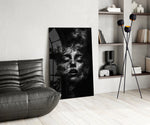 Brooding muse cinematic glass wall art over modern dining sideboard