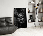 Brooding muse cinematic glass wall art over modern dining sideboard