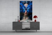 Crimson-lips fantasy cinematic glass wall art in light-filled atelier