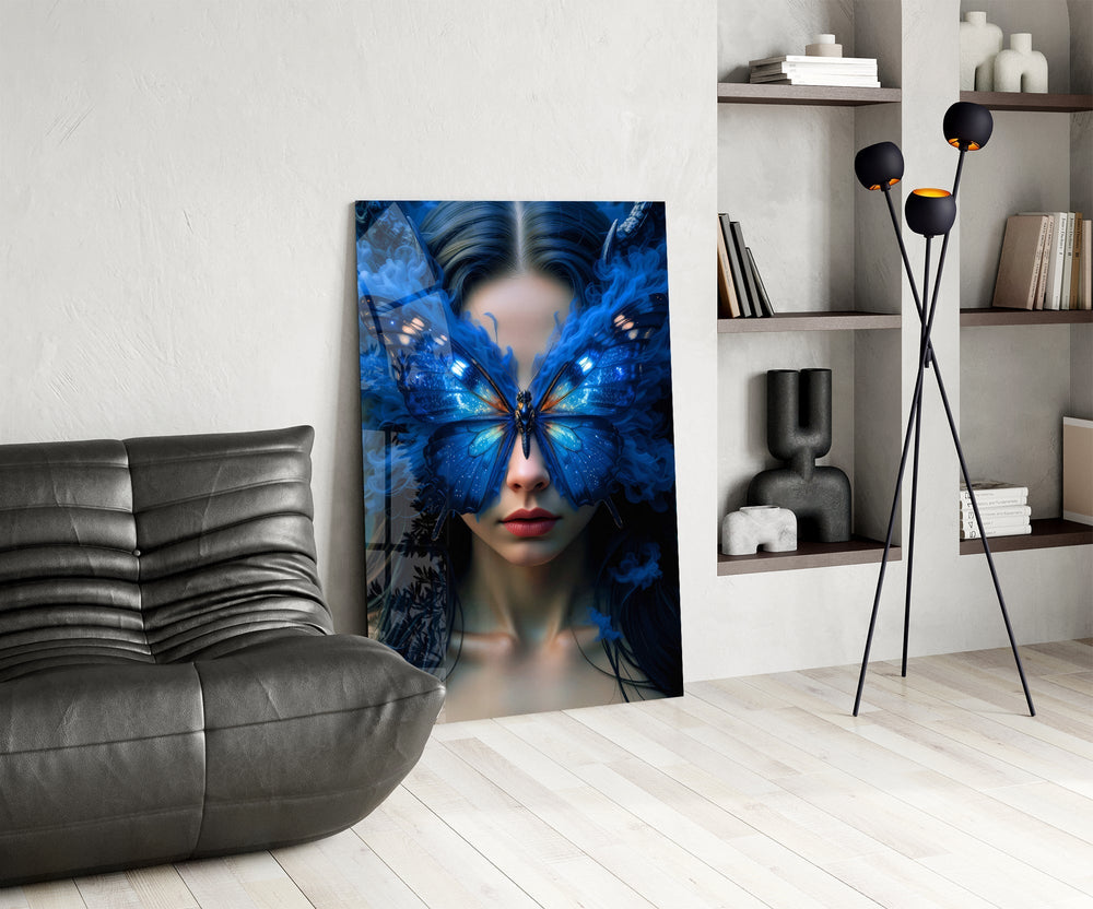 Cobalt-smoke muse cinematic glass wall art over modern dining sideboard