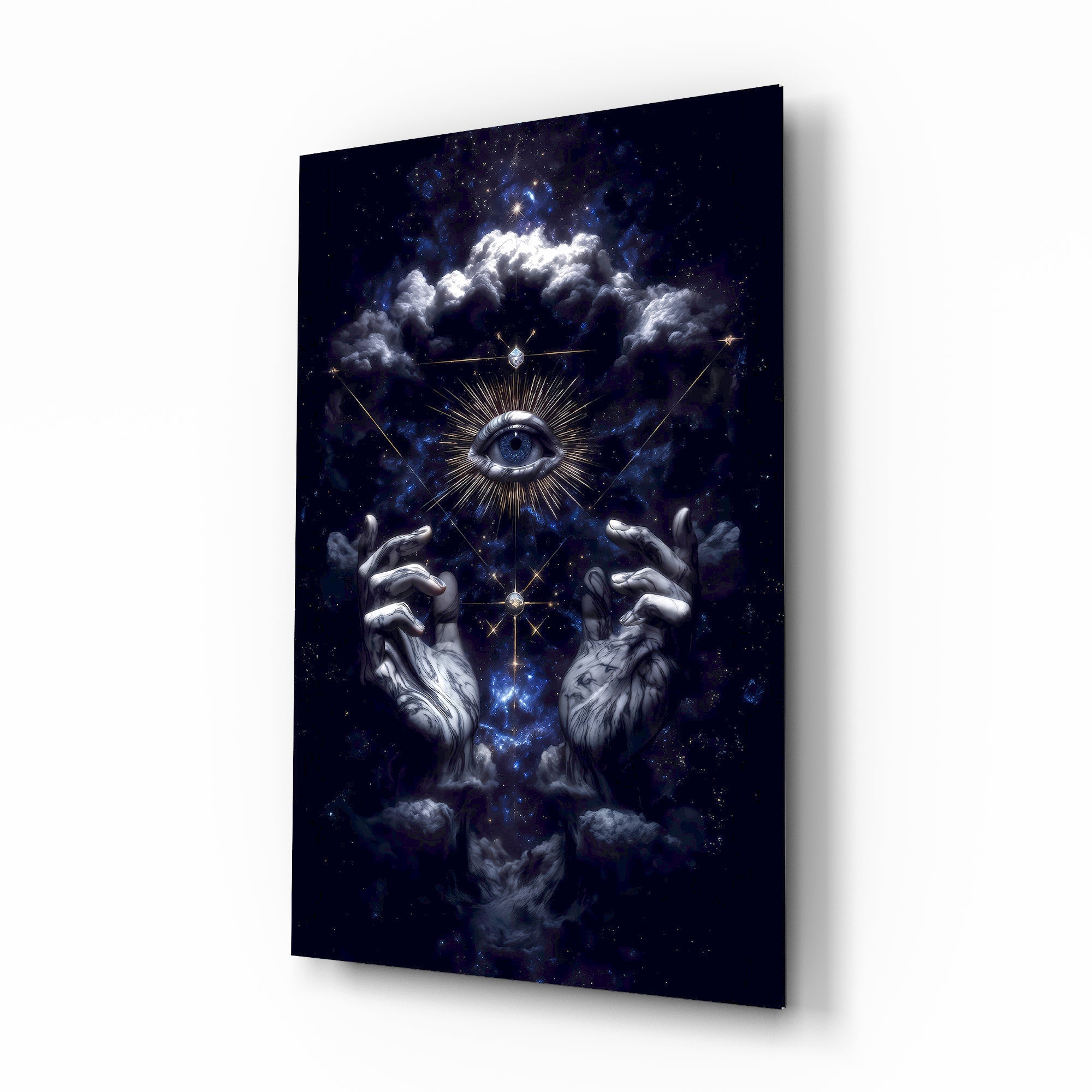 All seeing eye cosmic mystic cinematic glass wall art over walnut console in designer mystic-shop reception