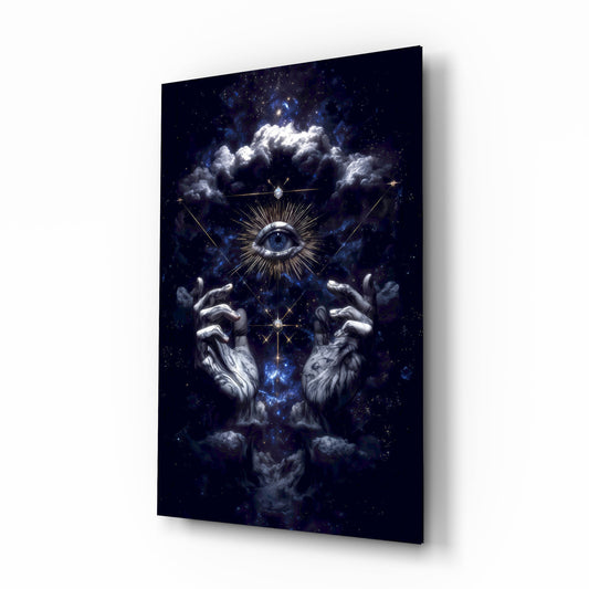 All seeing eye cosmic mystic cinematic glass wall art over walnut console in designer mystic-shop reception