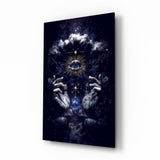 All seeing eye cosmic mystic cinematic glass wall art over walnut console in designer mystic-shop reception