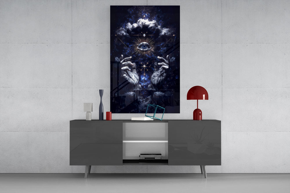 Mystic geometry cinematic glass wall art in light-filled atelier