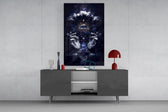 Mystic geometry cinematic glass wall art in light-filled atelier