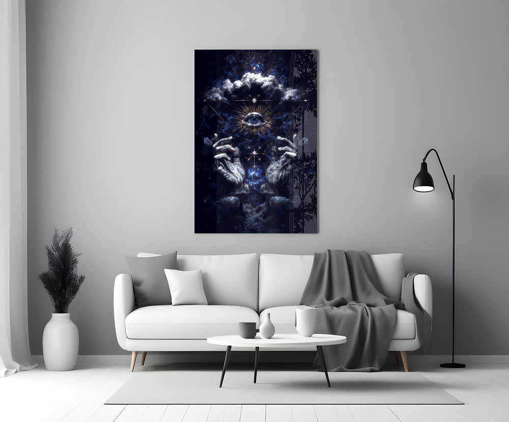 Tarot-card style cinematic glass wall art in heritage stairwell