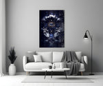 Tarot-card style cinematic glass wall art in heritage stairwell