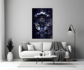 Tarot-card style cinematic glass wall art in heritage stairwell