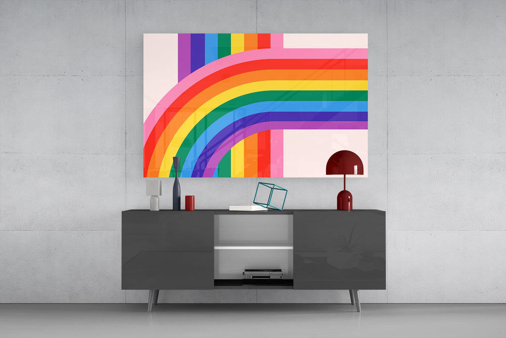 70s-pop cinematic glass wall art in light-filled atelier