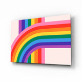 Retro Pride rainbow cinematic glass wall art over walnut console in designer LGBTQ+-cafe reception