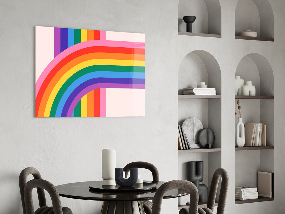 Rainbow ribbon cinematic glass wall art over modern dining sideboard