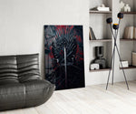 Sword-throne cinematic glass wall art over modern bar console