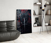 Sword-throne cinematic glass wall art over modern bar console