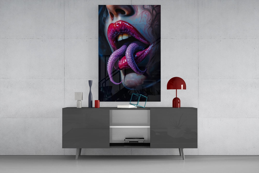 Pin-up surreal cinematic glass wall art in light-filled atelier