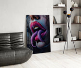Scarlet-lips horror cinematic glass wall art over modern bar console