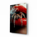 Tarantula and lips macro cinematic glass wall art over walnut console in designer fashion atelier