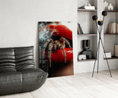 Vermilion-lips horror cinematic glass wall art over modern bar console