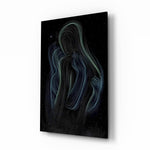 Cosmic mother embrace cinematic glass wall art over walnut console in designer wellness clinic