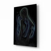 Cosmic mother embrace cinematic glass wall art over walnut console in designer wellness clinic