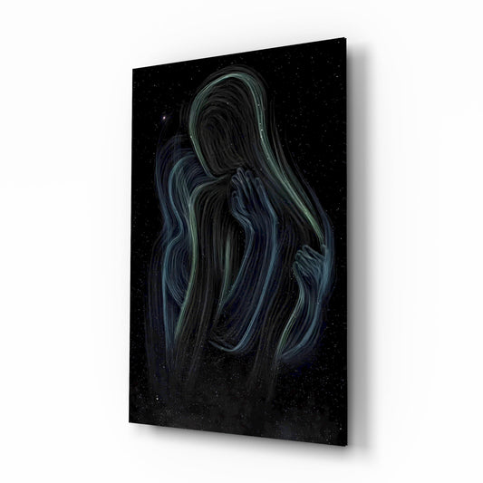 Cosmic mother embrace cinematic glass wall art over walnut console in designer wellness clinic
