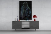 Star-flecked embrace cinematic glass wall art in light-filled atelier