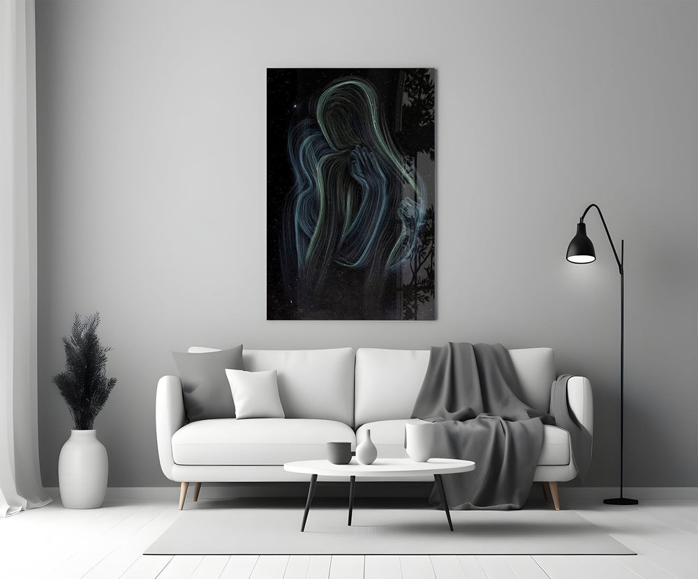 Mother-and-child cosmic cinematic glass wall art in heritage stairwell
