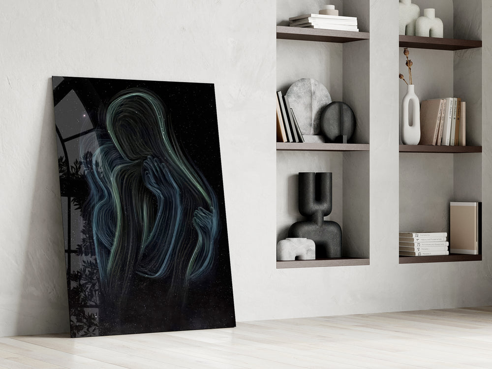 Cosmic tenderness cinematic glass wall art in private library reading nook