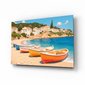 Greek island fishing boats cinematic glass wall art over walnut console in designer beach house