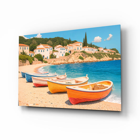 Greek island fishing boats cinematic glass wall art over walnut console in designer beach house