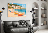 Aegean cove cinematic glass wall art in wellness retreat reception