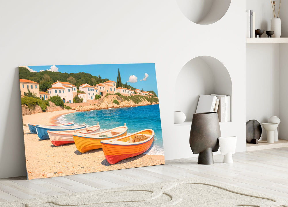 Greek travel-poster cinematic glass wall art in heritage stairwell