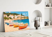 Greek travel-poster cinematic glass wall art in heritage stairwell
