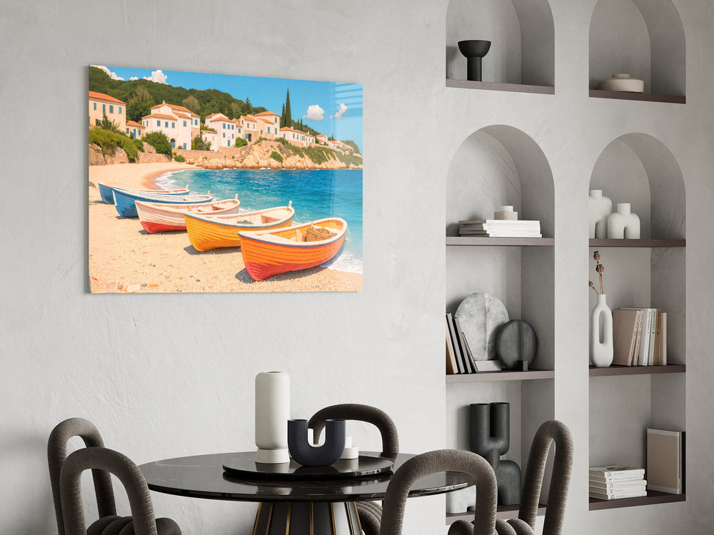 Cobalt sea boats cinematic glass wall art over modern dining sideboard