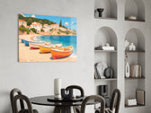 Cobalt sea boats cinematic glass wall art over modern dining sideboard