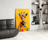 Saffron-and-indigo bloom cinematic glass wall art over modern dining sideboard